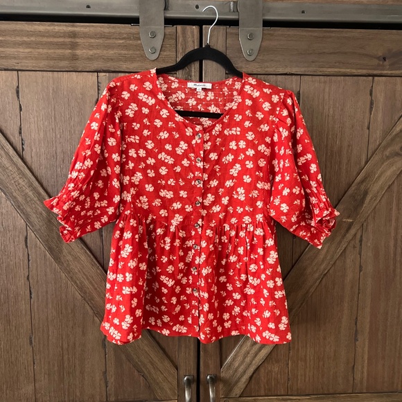 Madewell Puff-Sleeve Button-Front Top in Swiss Dot Happy Hibiscus Size Medium - Picture 3 of 8